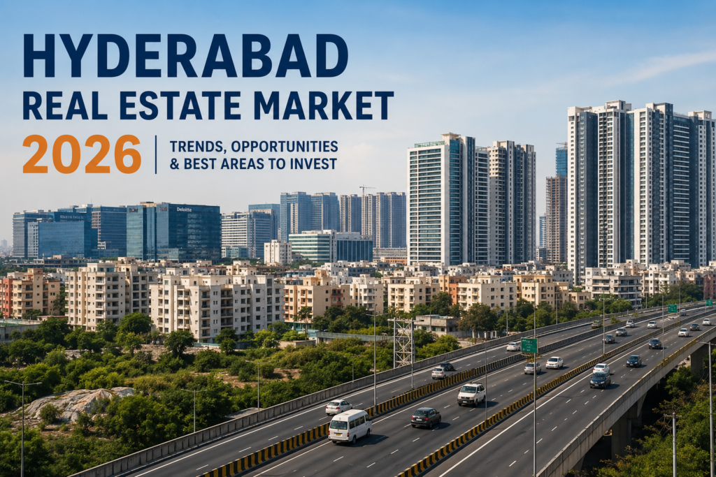Hyderabad real estate market 2026 with modern residential buildings, commercial offices, and city infrastructure
